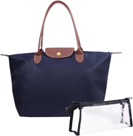 Set di Tasche da Donna 2 pezzi – Tasca per spalla + Grande Tasca da bagno – Borsa da spesa pieghevole – Impermeabile – Blu scuro