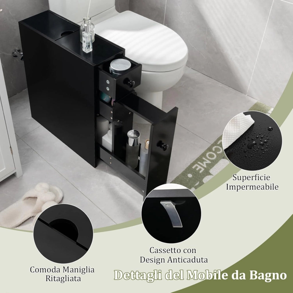 Armadio Sottile di Stoccaggio per Gabinetto, Armadietto Laterale da Bagno Multiuso in Legno (Nero)