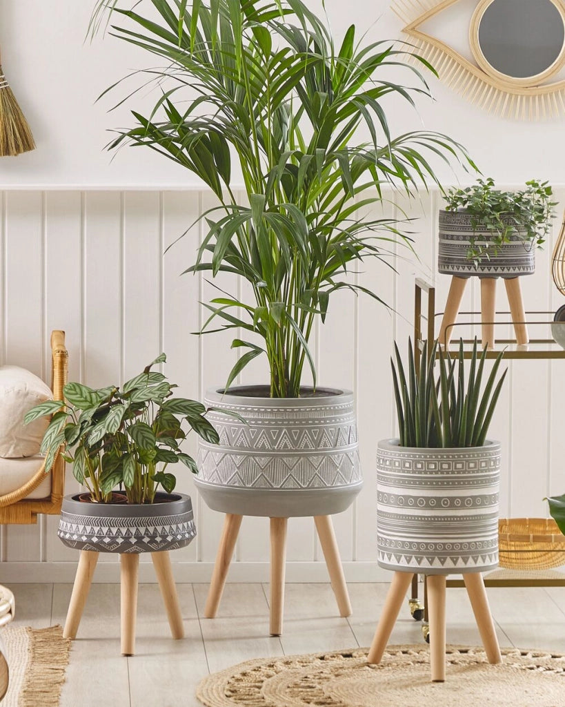 Supporto per piante in magnesio grigio chiaro Base rotonda in legno massello Boho Fioriera alta per vasi