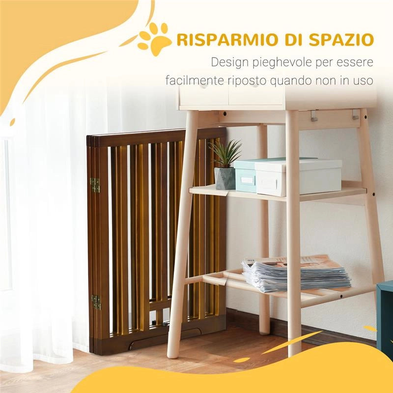 CANCELLINO PER CANI PIEGHEVOLE A 3 PANNELLI CON PIEDINI ANTISCIVOLO PER CORRIDOI, SCALE E STANZE, IN LEGNO DI PINO, 181X35X76 CM, MARRONE SCURO