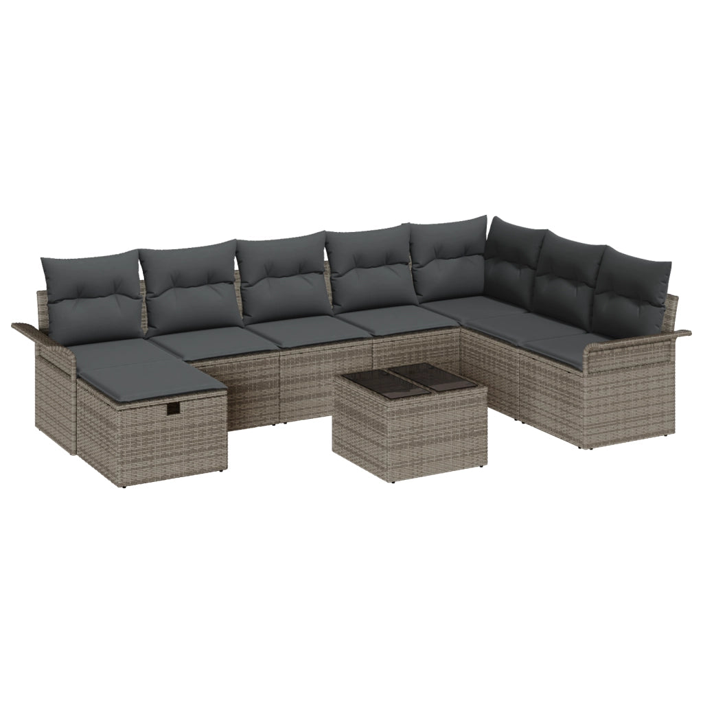 Set Divano da Giardino 9 Pezzi con Cuscini Grigio Rattan Sintetico