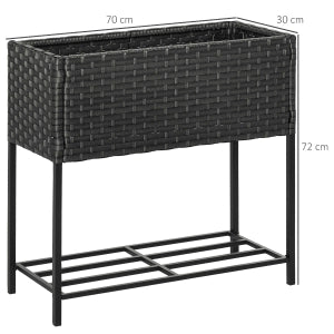 Fioriera rialzata in polyrattan con ripiano, 70 x 30 x 72 cm, marrone