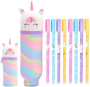 Etui per ragazze, unicornio, etui kawaii, set di penne, etui 2-in-1 e 8 penne a sfera, penne cartoon Etui con cinturino per ragazze, ragazzi, bambini, materiale scolastico