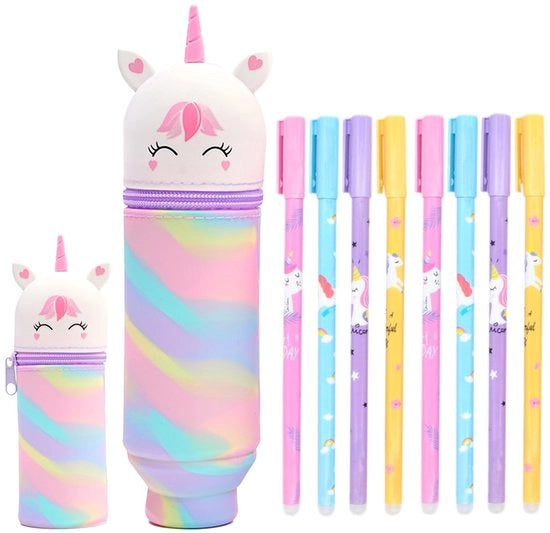 Etui per ragazze, unicornio, etui kawaii, set di penne, etui 2-in-1 e 8 penne a sfera, penne cartoon Etui con cinturino per ragazze, ragazzi, bambini, materiale scolastico