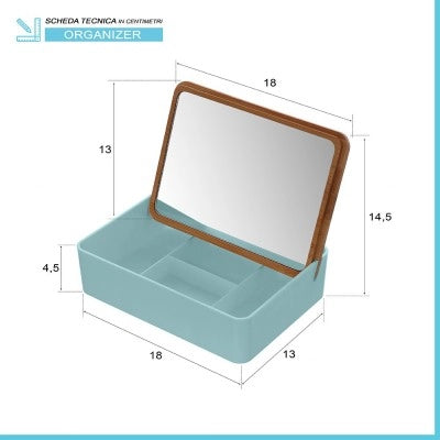 Organizer trucchi in plastica turchese completo di specchio con dettagli in bambù