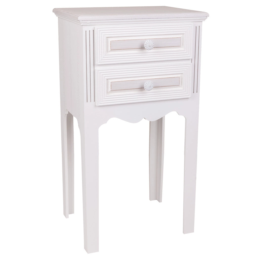 Comodino in legno con 2 cassetti bianchi 38x28x69.