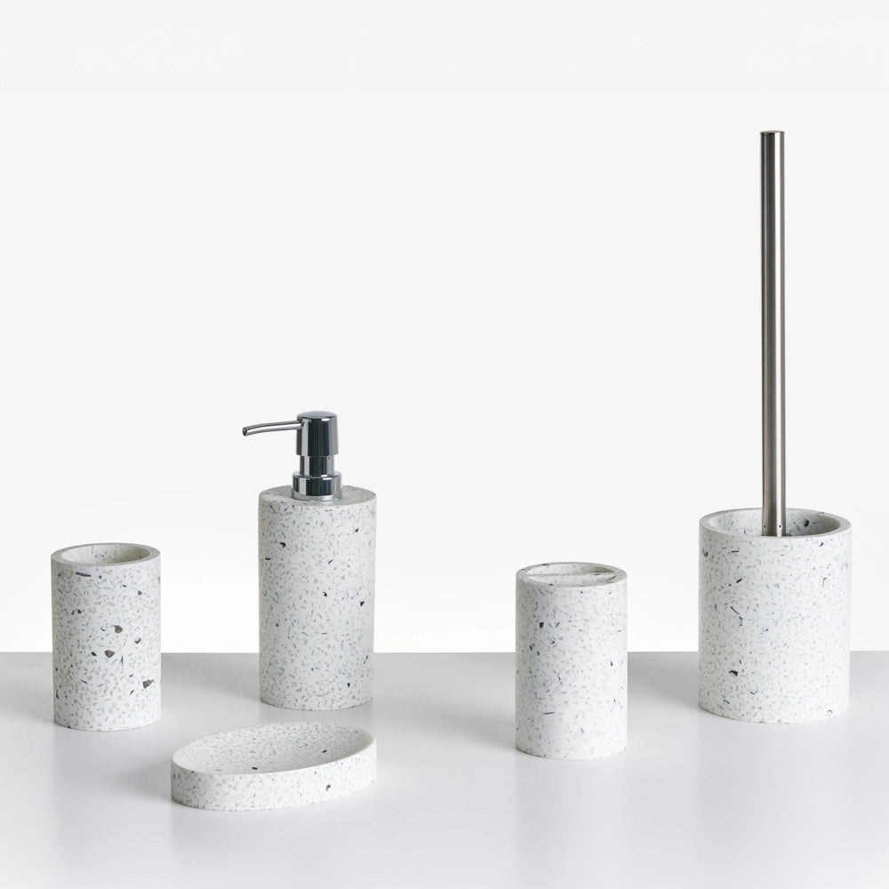 Set di 5 pezzi di accessori per il bagno Portasapone Dispenser di sapone Spazzolino da toilette Portaspazzolino Terrazo Effetto design moderno bianco