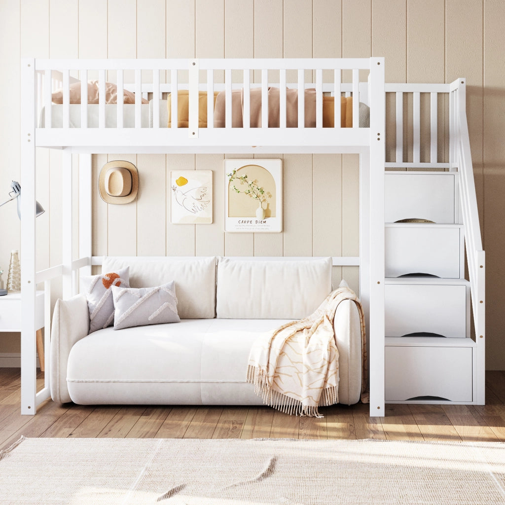 OKWISH Letto a Soppalco 140×200 cm, Letto Matrimoniale con Scala Contenitore, Sponda di Sicurezza e 15 Doghe, senza Materasso, Bianco