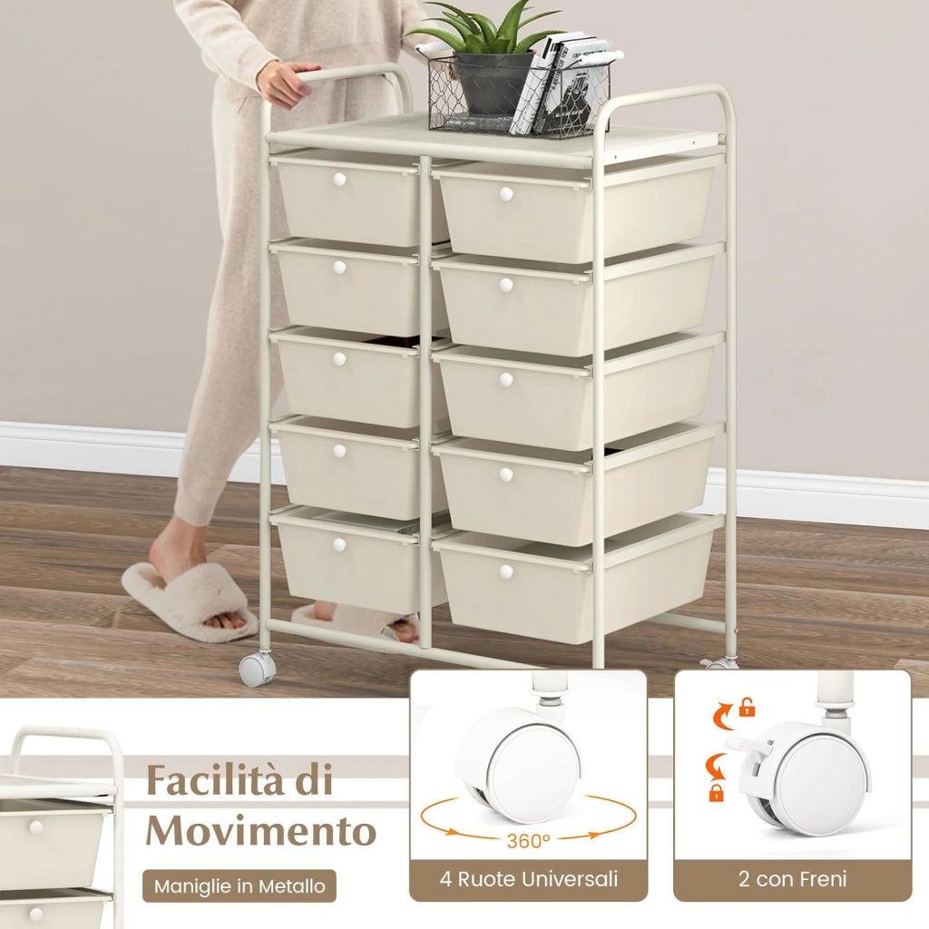 Carrello a 10 Cassetti con Ruote, di Stoccaggio con Stabilità Elevata, Multiuso per Casa Ufficio e Scuola, 65,5 x 37 x 87 cm (Bianco)
