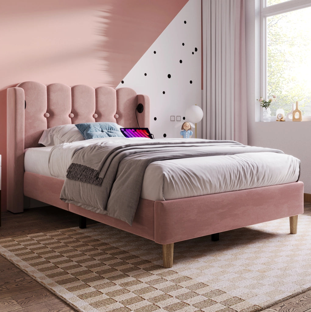 Letto imbottito 90x200 cm con ricarica USB e Type-C; velluto rosa (Senza materasso)