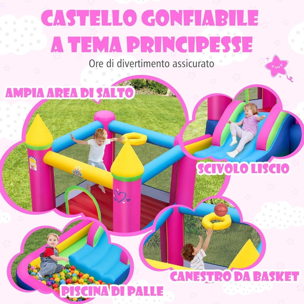 4-in-1 Castello Gonfiabile per Bambini, Castello a Tema Principessa con Scivolo, Area Salto, Canestro da Basket e Vasca per Palline, Giochi Gonfiabile per 3-12 Anni (Senza Soffiatore)