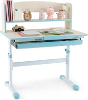 Scrivania per Bambini, Banco Scuola per 3-12 Anni Regolabile in Altezza da 50cm a 73cm con Piano Inclinabile 60°, Scrittoio Cameretta Multifunzionale con Libreria e Cassetto (Blu)