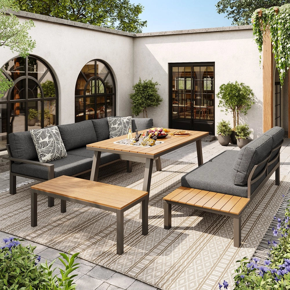 Set da giardino per 6-7 persone - Zephmum - Struttura in ferro zincato, tavolo con secchiello per ghiaccio