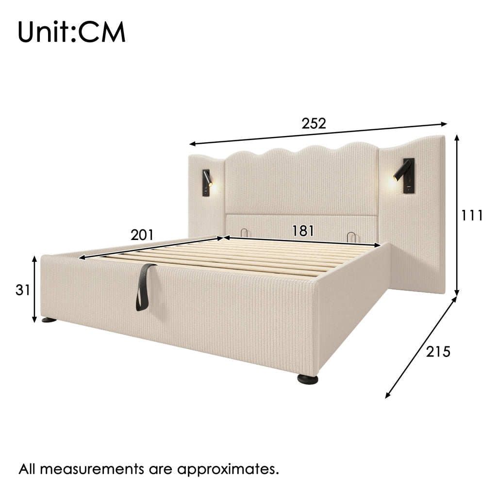 Letto contenitore 180x200 cm con lampada da lettura e USB C; velluto a coste beige
