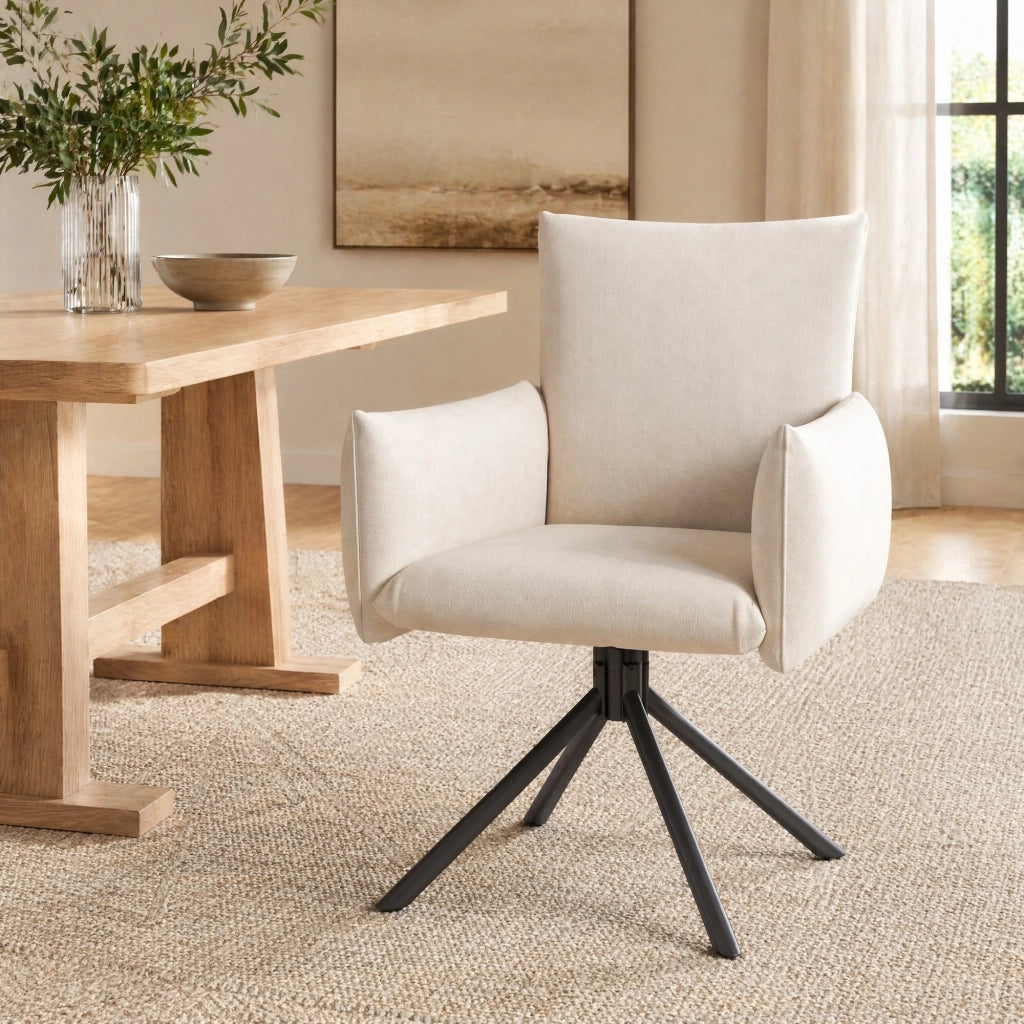 Set di 2 sedie da pranzo girevoli 360° in velluto beige con braccioli imbottiti e gambe in metallo