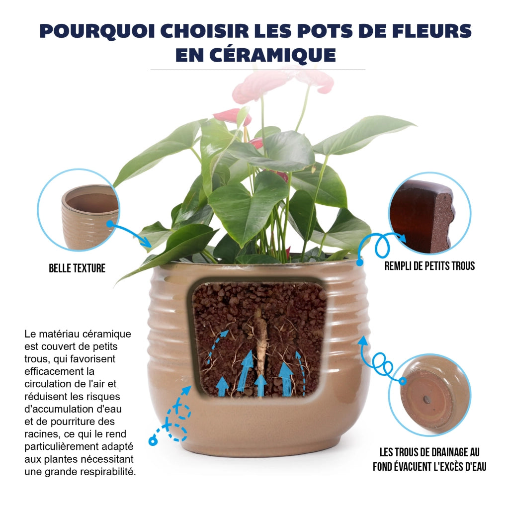 Fioriera in ceramica fatta a mano con smalto lucido marrone chiaro e scanalature orizzontali Ø 26 cm