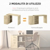 Scrivania Angolare per PC con 3 Cassetti e Ripiani Aperti, in Legno e Metallo, 117x83.5x76 cm, Noce