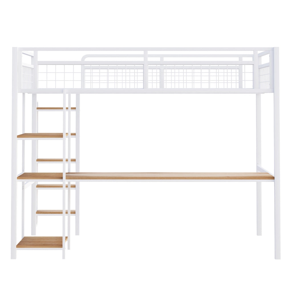 Letto a soppalco in metallo con scala, scrivania e scaffali, bianco