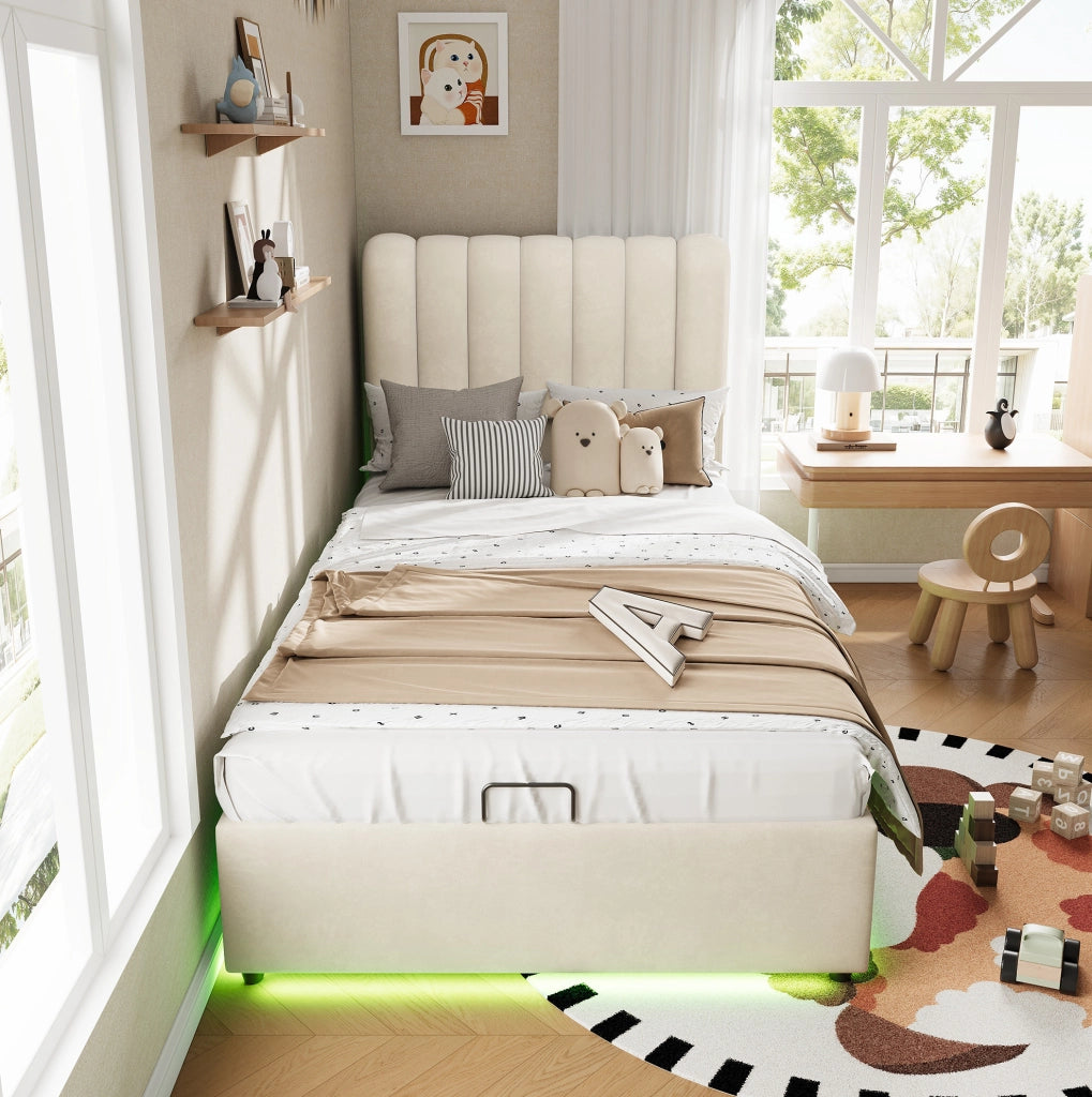 Letto imbottito con contenitore, 3 cassetti e LED 90x200 cm beige