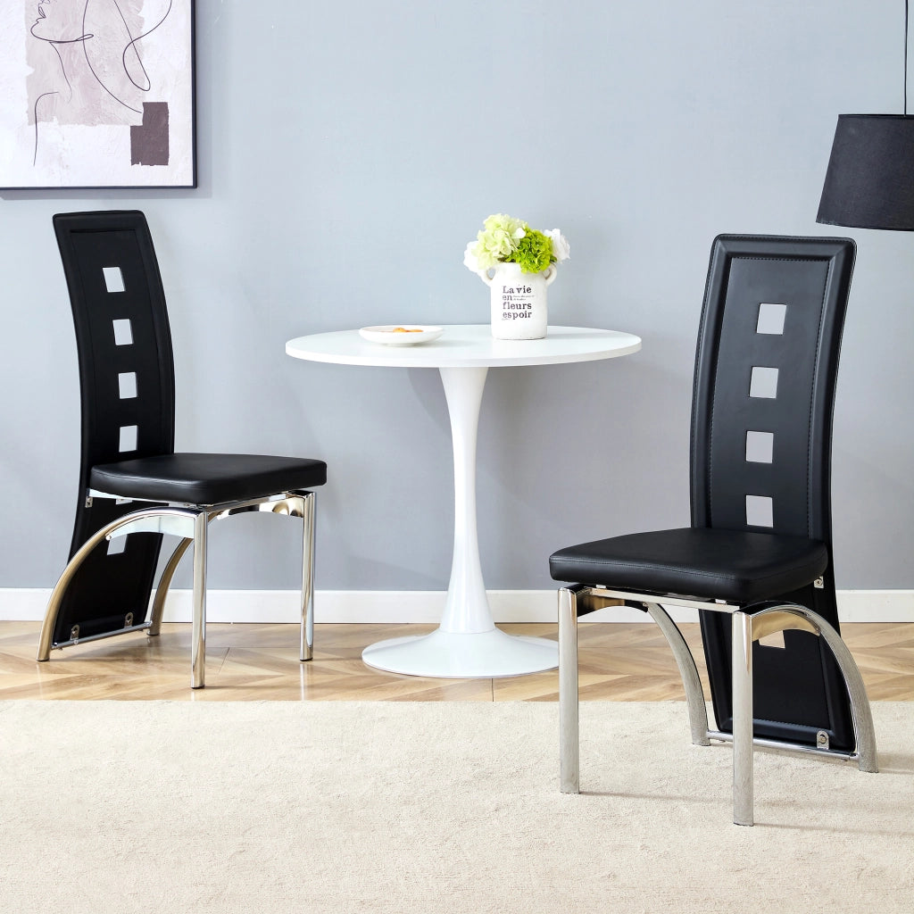 Sedie da pranzo in PU pelle con schienale traforato e gambe in metallo, set 2 pezzi, nero e argento