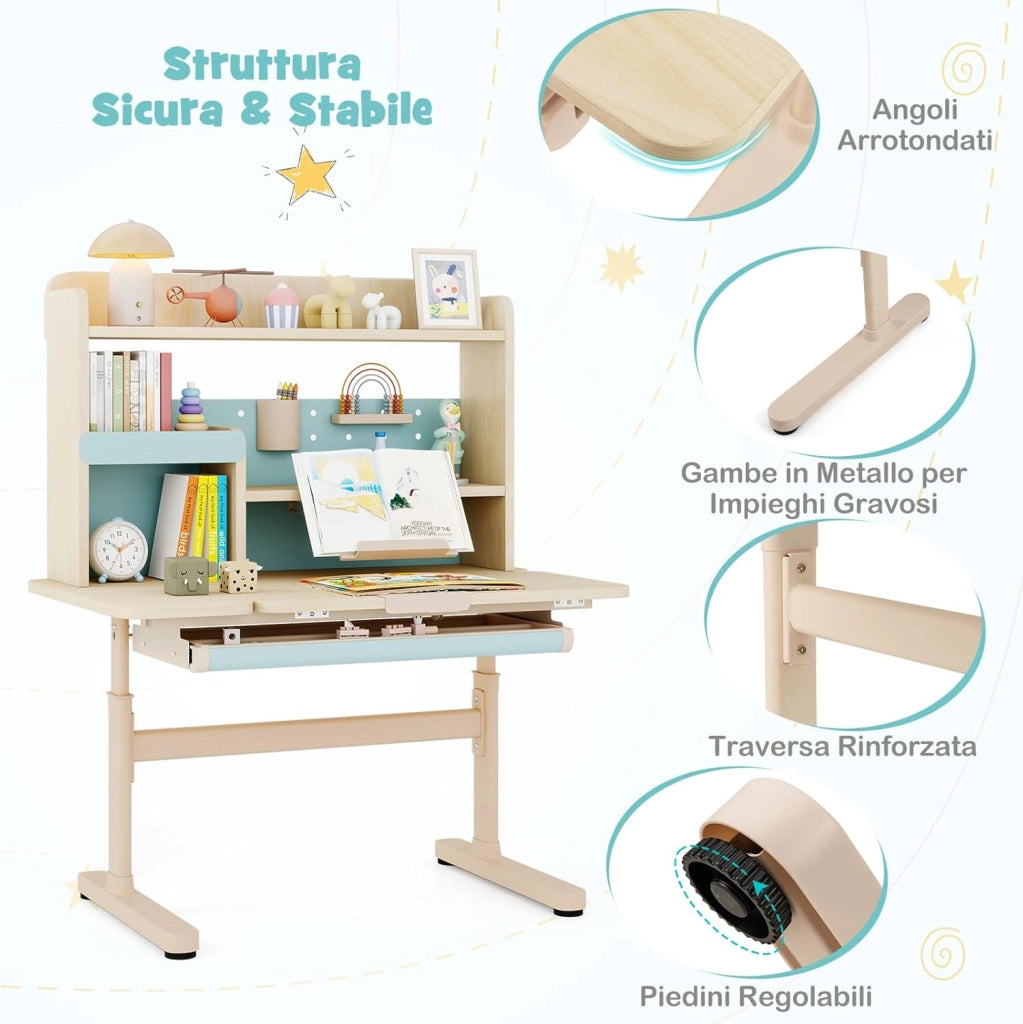 Scrivania per Bambini 3+ Anni, Tavolo da Studio Regolabile in Altezza con Libreria e Cassetto, Piano Inclinabile, Mensole, Leggio e Portapenne, Scrivania per Studiare (Blu)