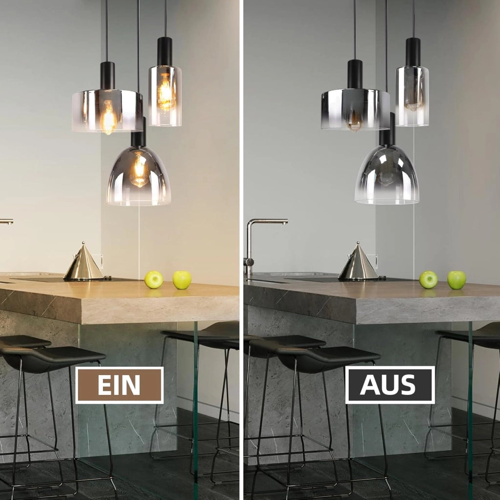 ZMH Lampada a Sospensione 3 Luci E27 Vintage Vetro Fum¨¦ Altezza Regolabile per Cucina Camera Senza Lampadina
