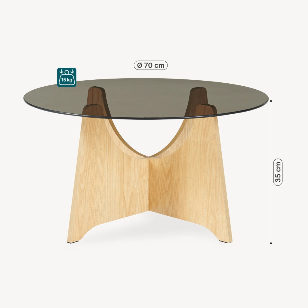 Tavolino da Salotto Omlar con Piano Rotondo in Vetro Fumé Ø70 x 35 cm - Effetto Rovere/Grigio Fumo [en.casa]