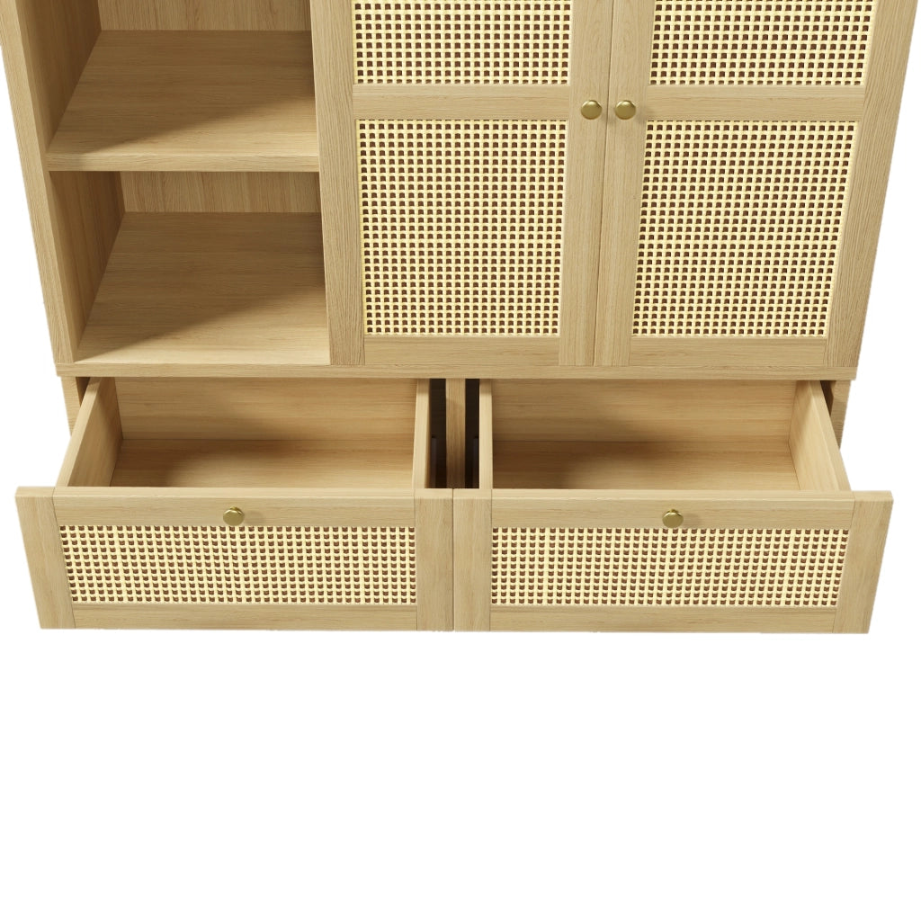 Armadio in legno massello, ante con decorazioni in vimini, 2 cassetti, ripiani aperti, color rovere