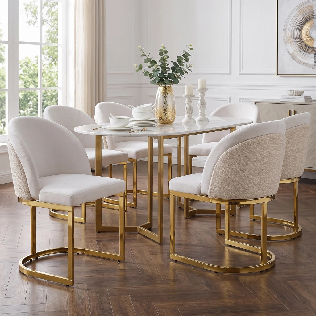 Sedia da Pranzo Set da 4 con Schienale Doppio e Gambe in Metallo Galvanizzato, in Ciniglia Beige e Oro