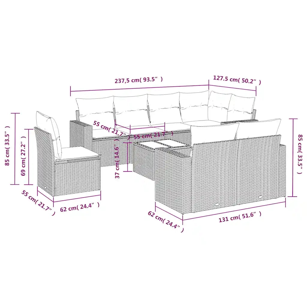 Set Divani da Giardino 9pz con Cuscini Marrone in Polyrattan