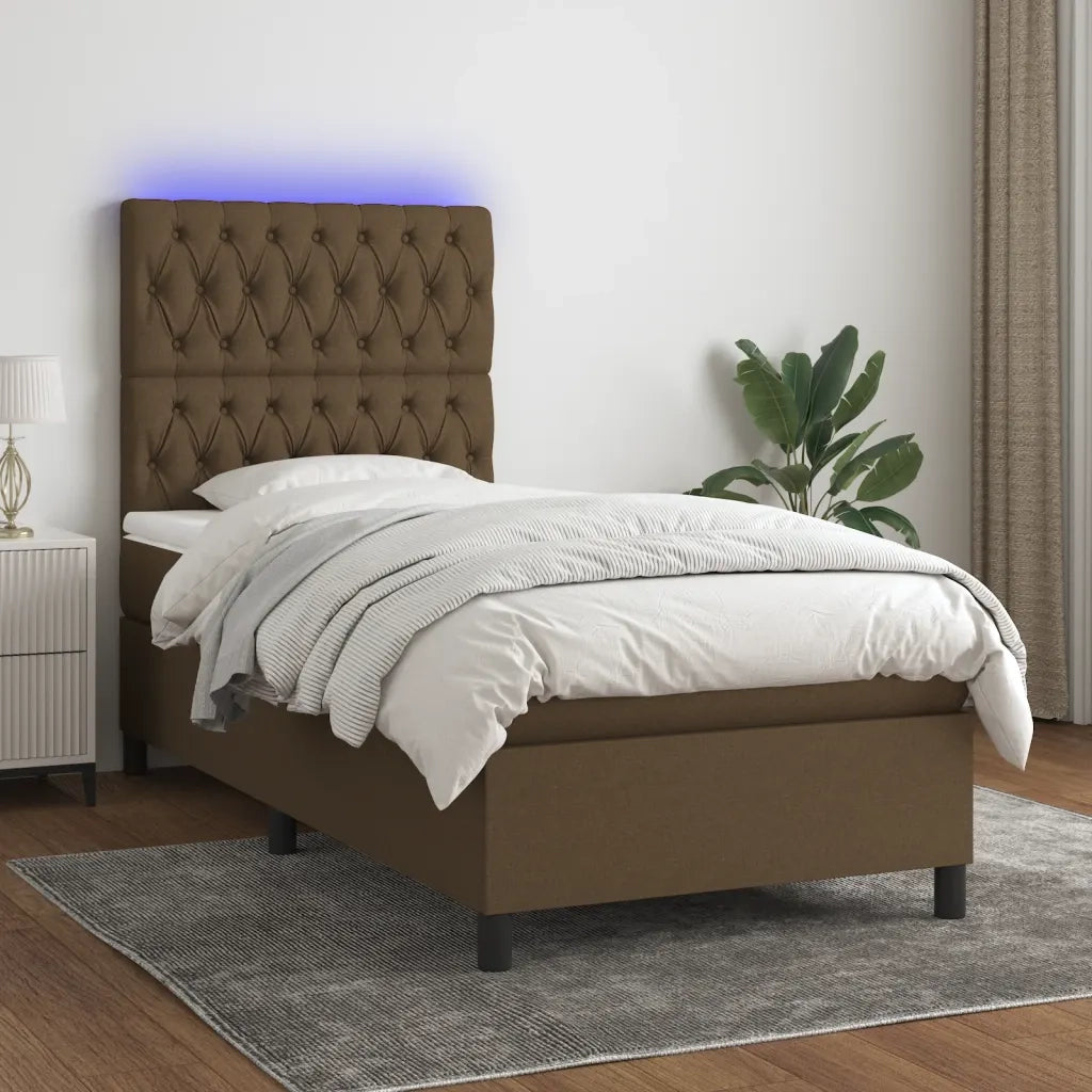 Letto a Molle Materasso e LED Marrone Scuro 90x190cm in Tessuto cod mxl 34634