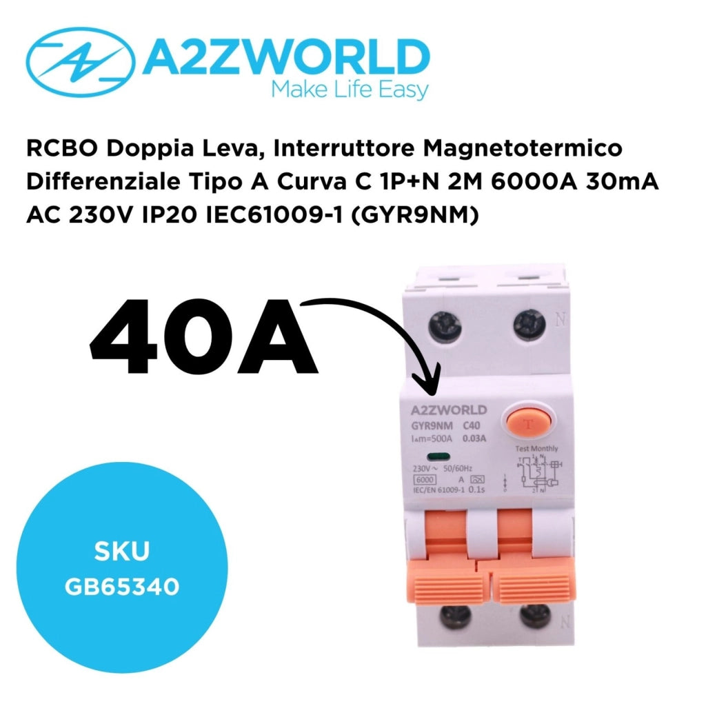 RCBO Doppia Leva, Interruttore Magnetotermico Differenziale Tipo A Curva C 1P+N 2M 6000A 30mA AC 230V IP20 IEC61009-1 GYR9NM, Disponibili 40A 50A 63A (C40A)