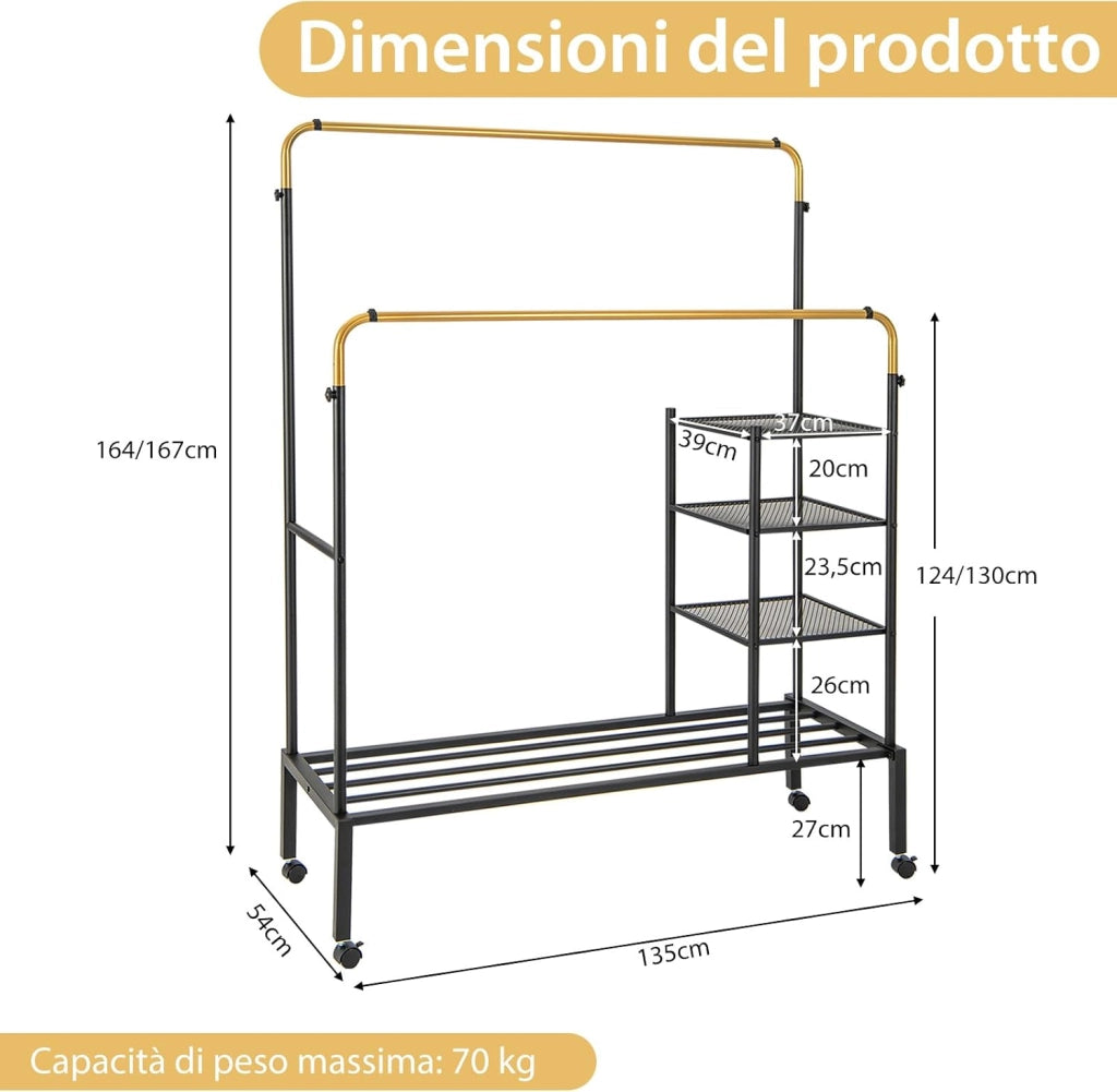 Stand Appendiabiti a Doppia Asta, con Barre Regolabili Ripiani per Riporre Ruote Bloccabili e Scarpiera, Appendiabiti in Acciaio, 135x54x167 cm, Carico 100kg (Nero+Oro)