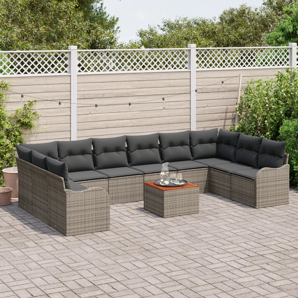 Set Divano da Giardino  11 Pezzi con Cuscini Grigio Polyrattan Acacia