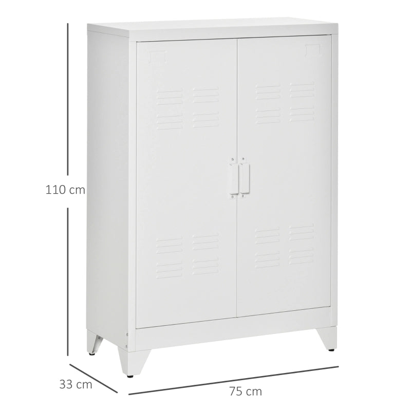Armadio portadocumenti in metallo, mobile multiuso con doppia anta a doghe magnetiche, 75 x 33 x 110 cm, bianco