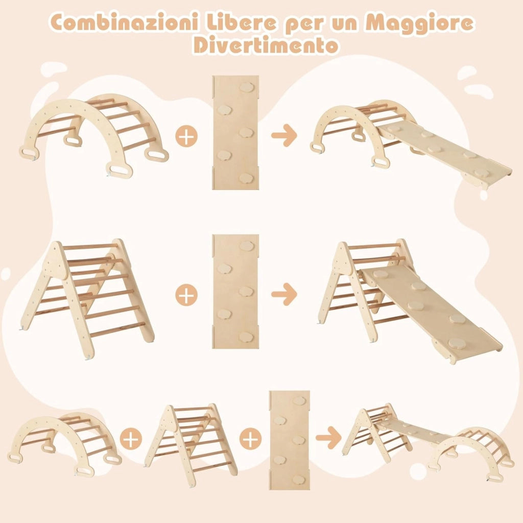 4 in 1 Set da Arrampicata per Bambini, Giocattoli da Arrampicata a Triangolo con Triangolo Arco e Salita, Ideale per Bambini 1 Anni + (Naturale)