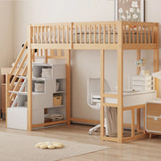 LETTO A SOPPALCO 90x200 cm con tavolo multifunzione, scala contenitore, bianco e rovere chiaro