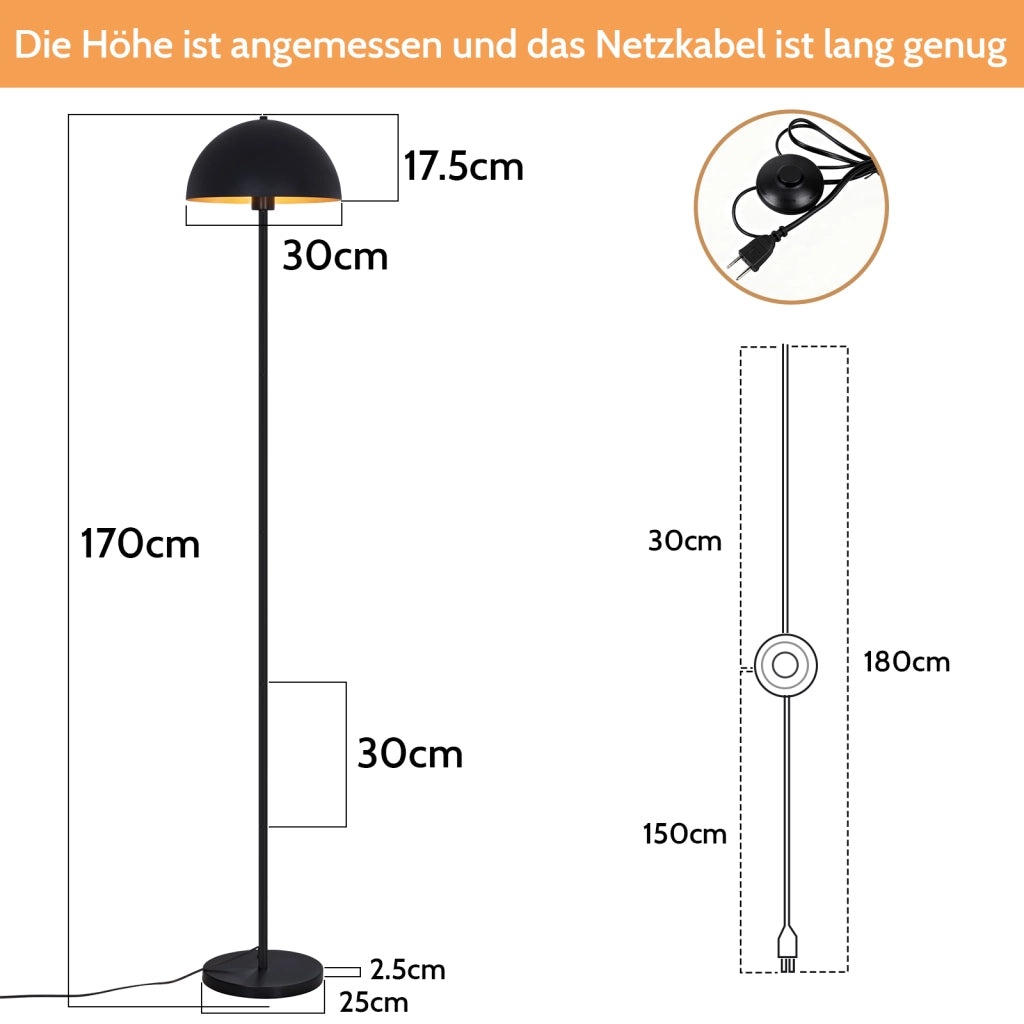 ZMH Lampada da Terra Moderna 170cm Paralume Ø30cm Metall Nero/Oro E27 Max.40W per Soggiorno Camera Senza Lampadina