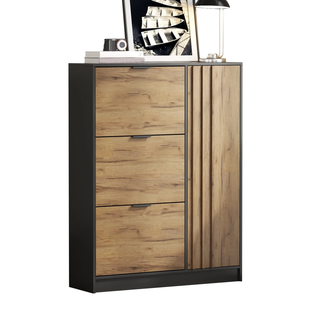 Scarpiera 100x30x130 cm in Legno e Nero con 3 Ante a Ribalta; Mobile Ingresso in MDF