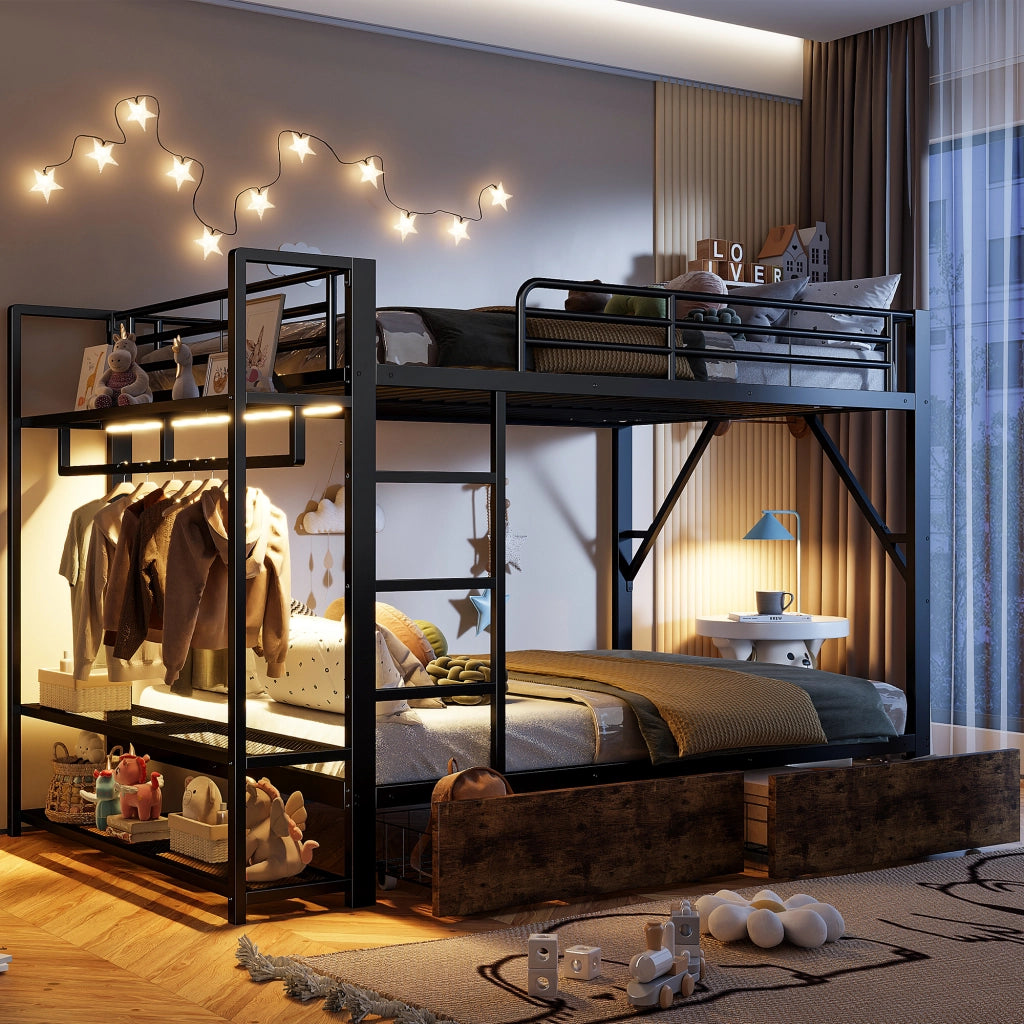 Letto a castello in metallo con 2 cassetti e LED, 140x200 cm, nero