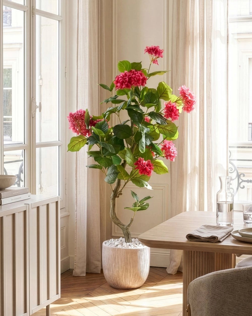 Pianta in vaso artificiale in materiale sintetico rosso, 120 cm, con fiori, accessorio decorativo per interni, realizzata a mano