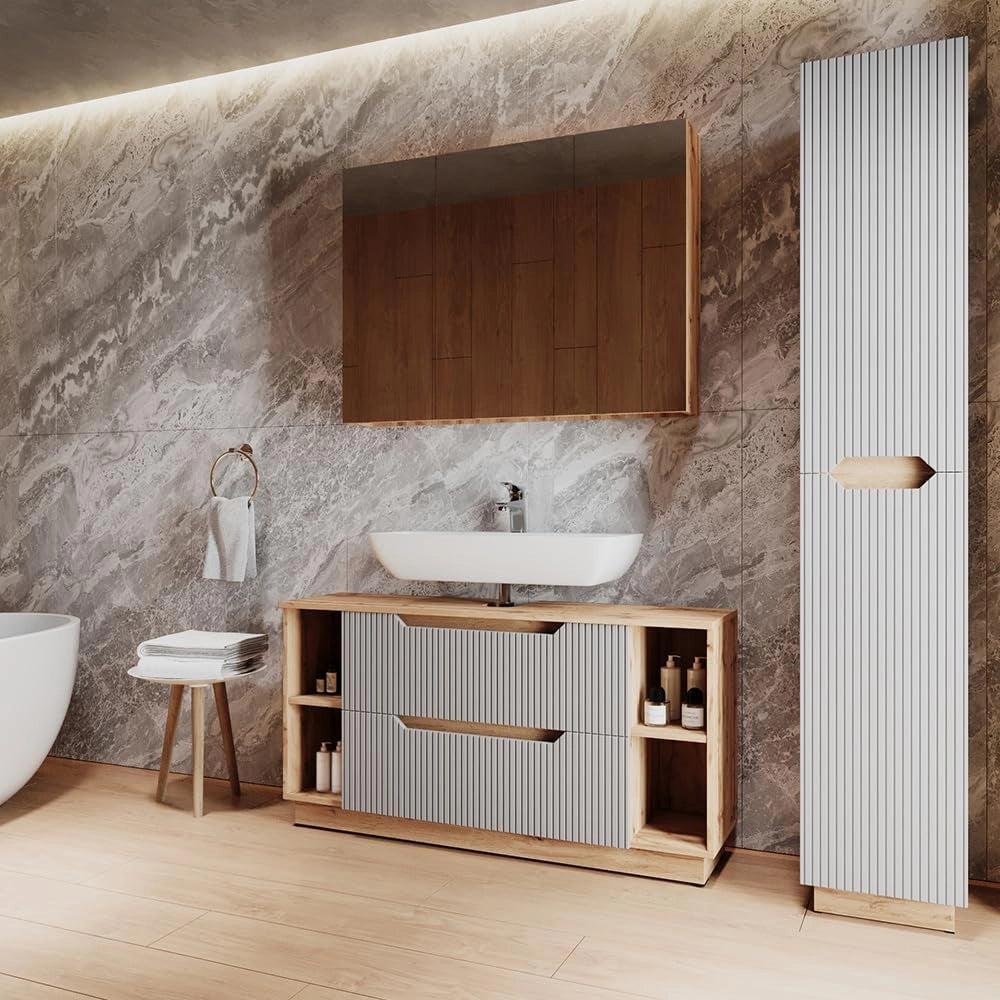 Set di mobili da bagno Lotta, Rovere/grigio a righe, 3 parti