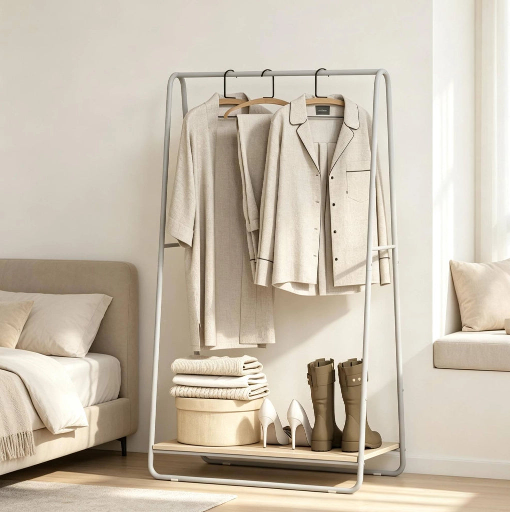 Appendiabiti 80x44x140 cm con ripiano porta scarpe in metallo e pannello truciolare