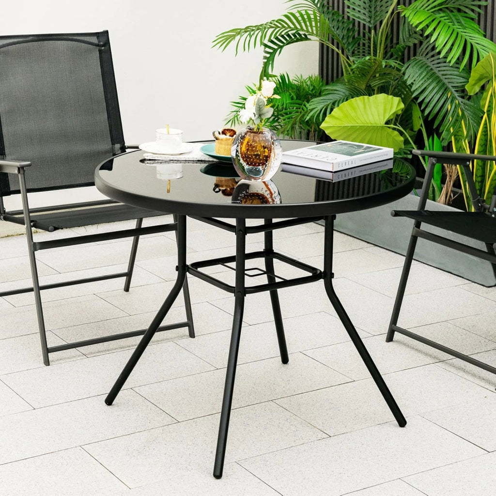 Tavolo da giardino con foro per ombrellone, tavolino rotondo in vetro temperato, tavolo da bistrot con robusto telaio in metallo, tavolo da pranzo per giardino, balcone, 86 x 86 x 71 cm