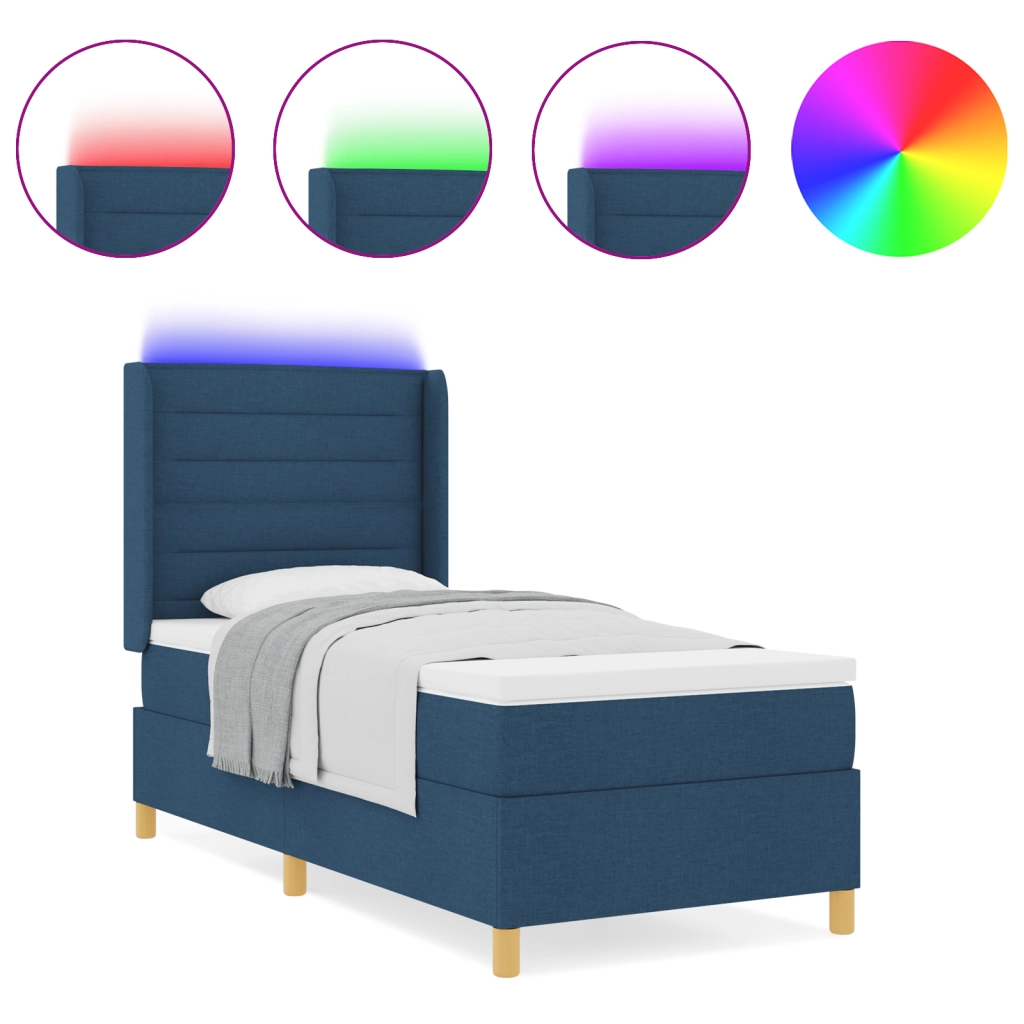 Letto Box Spring  con Materasso e LED Blu 90x200 cm Tessuto