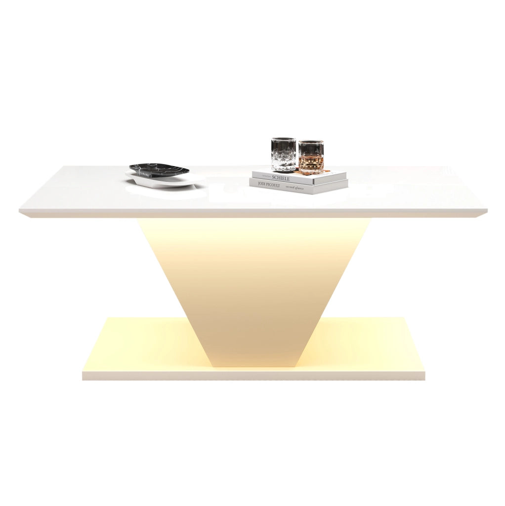 Tavolino da salotto bianco con LED, piano lucido e design a V