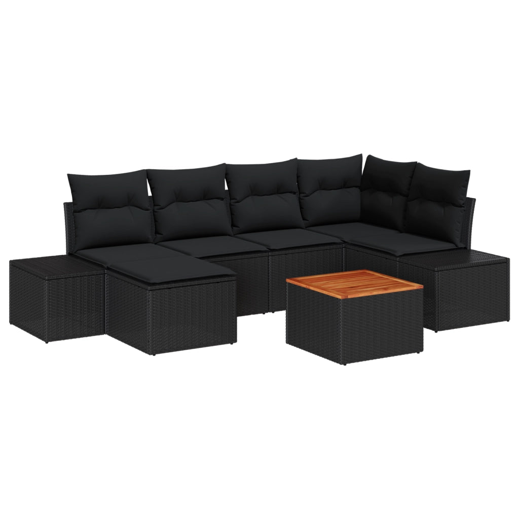 Set Divano da Giardino con Cuscini Nero Polyrattan Acacia