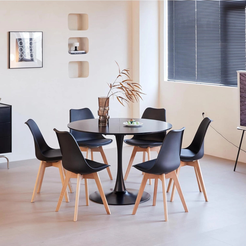 GrandCA HOME Set Tavolo da Pranzo Moderno con 6 Sedie, Tavolo da Pranzo Rotondo in MDF Nero da 110 cm + 6 Sedie da Cucina Nero