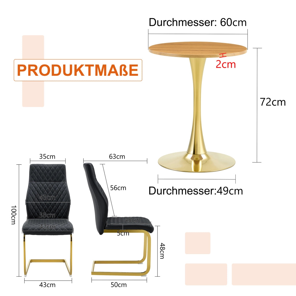 Set tavolo e sedie con 1 tavolo rotondo e 2 sedie imbottite; base centrale; in MDF; metallo e similpelle nero e oro
