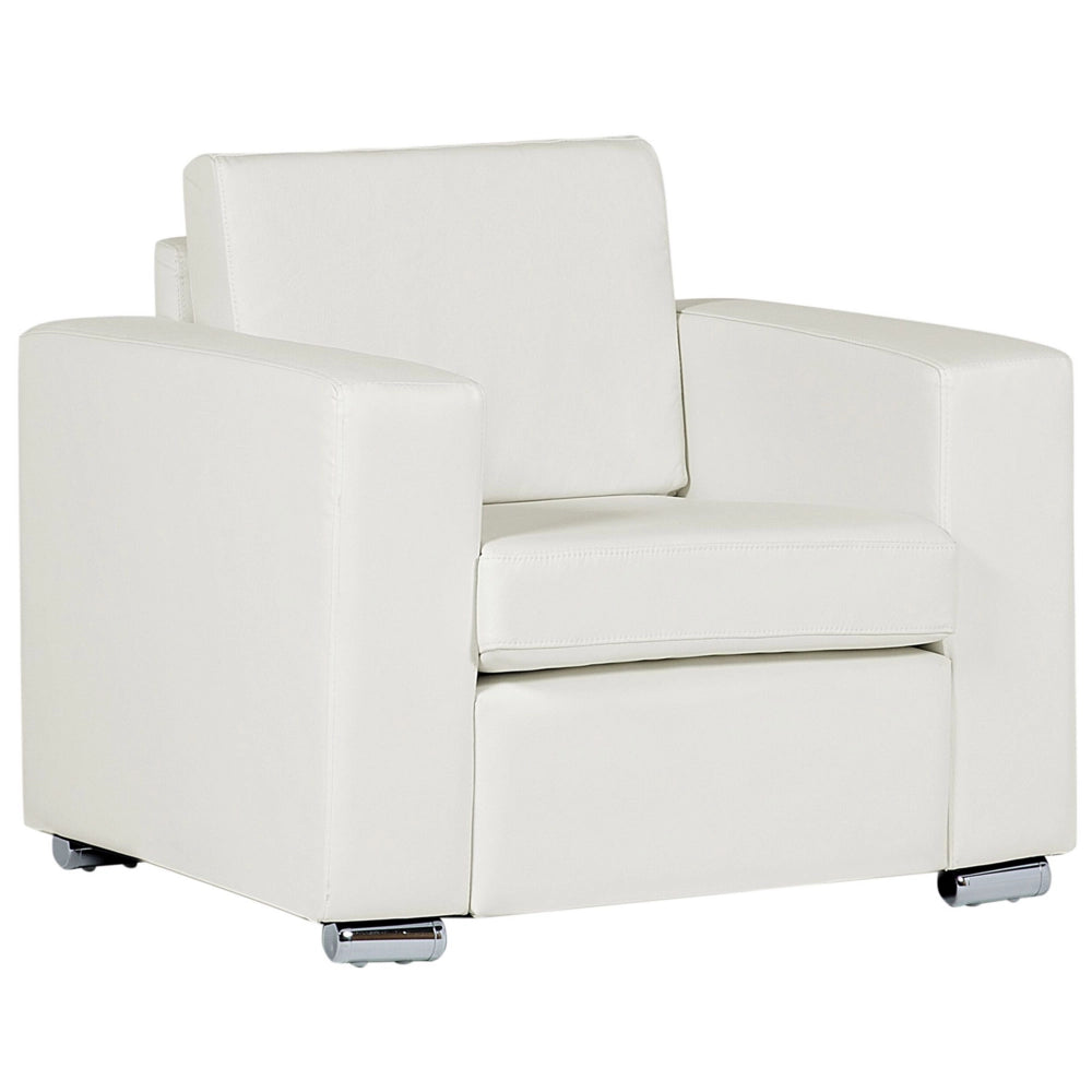 Poltrona Sedia Club Bianco Rivestimento In Pelle Crosta Gambe Cromate Design Retrò